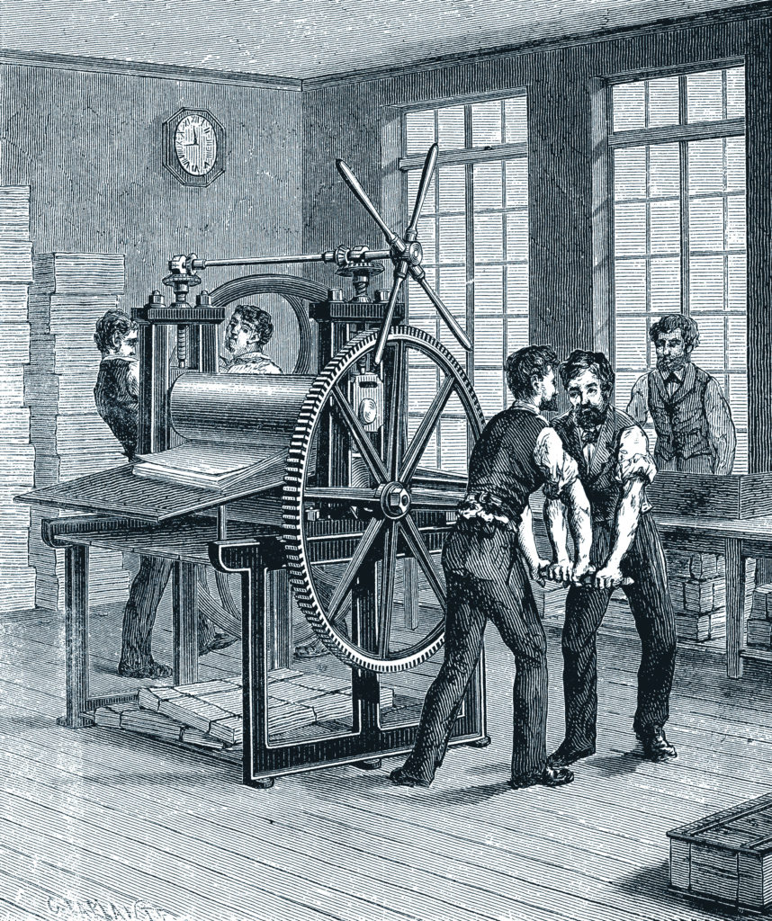 A group of men operating a large printing press in the 19th century