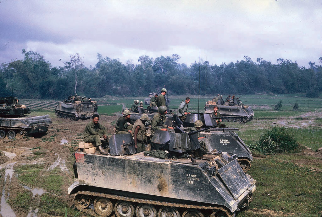 M113 ACAVs and M551 Sheridan tanks of 1st Squadron, 1st Cavalry, attached to the 23rd Infantry Division (Americal), prepare for an operation in August 1968.