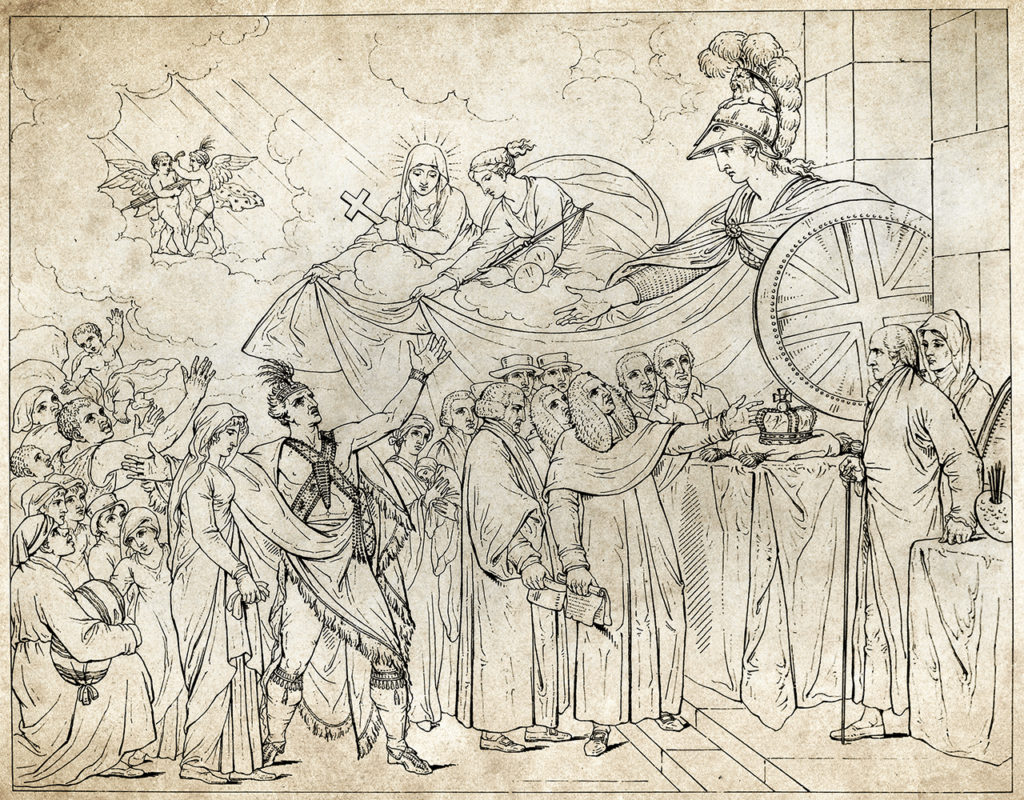AMERICAN LOYALISTS, 1783.  Americans loyal to Great Britain are received in England after the end of the Revolutionary War, 1783. William Franklin is in the center. Line engraving, possibly by John Flaxman (1755-1826).