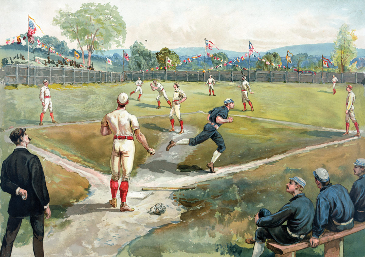 Vintage print of a runner rounding the bases in an early New York baseball game (hand-colored lithograph), 1891. Published in New York by Louis Prang & Company.