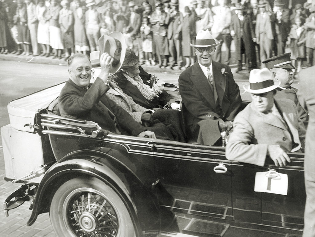 FDR in Savannah, Georgia, marking the city’s 1933 bicentennial. From left: Roosevelt; Mayor Thomas Gamble; Sara Delano Roosevelt, the president’s mother; and Georgia Governor Eugene Talmadge. Man in front seat is unidentified. (AP Photo)