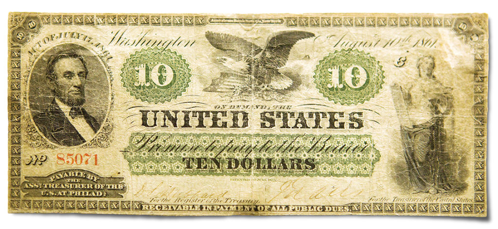 Front view of rare 1861 $10 US banknote cutout (original greenback)