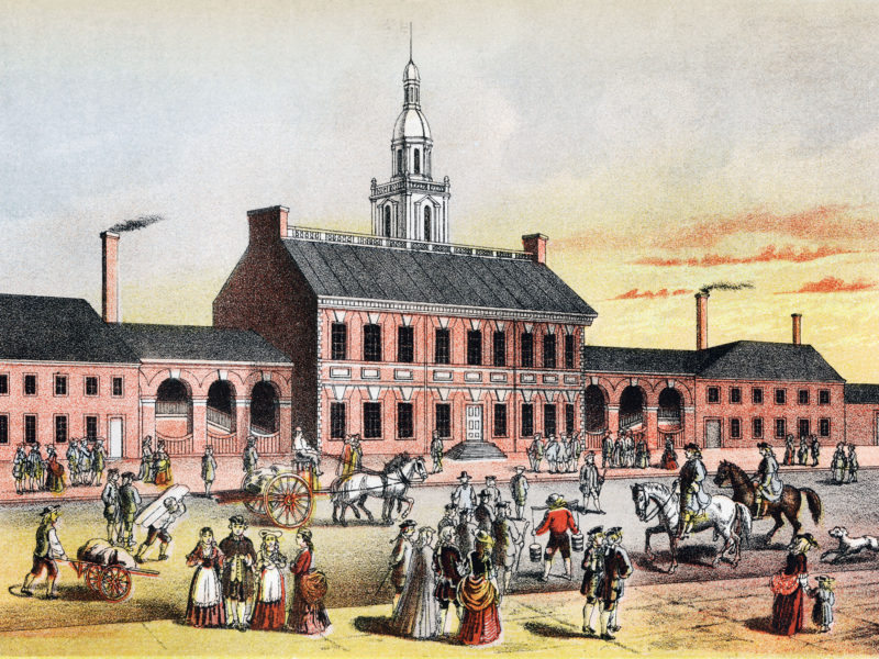 Independence Hall in Philadelphia while the Continental Congress met to write the Declaration of Independence 1776. Color lithograph