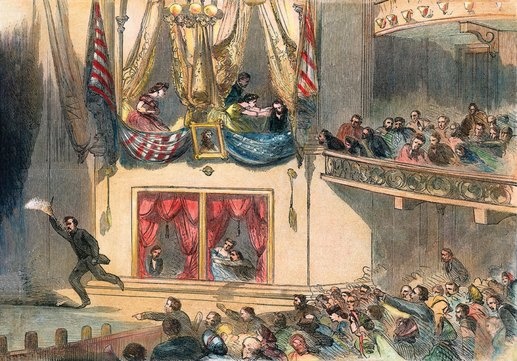LINCOLN ASSASSINATION, 1865. The assassination of President Abraham Lincoln by John Wilkes Booth at Ford's Theatre, Washington, D.C., 14 April 1865. Engraving, 1865.