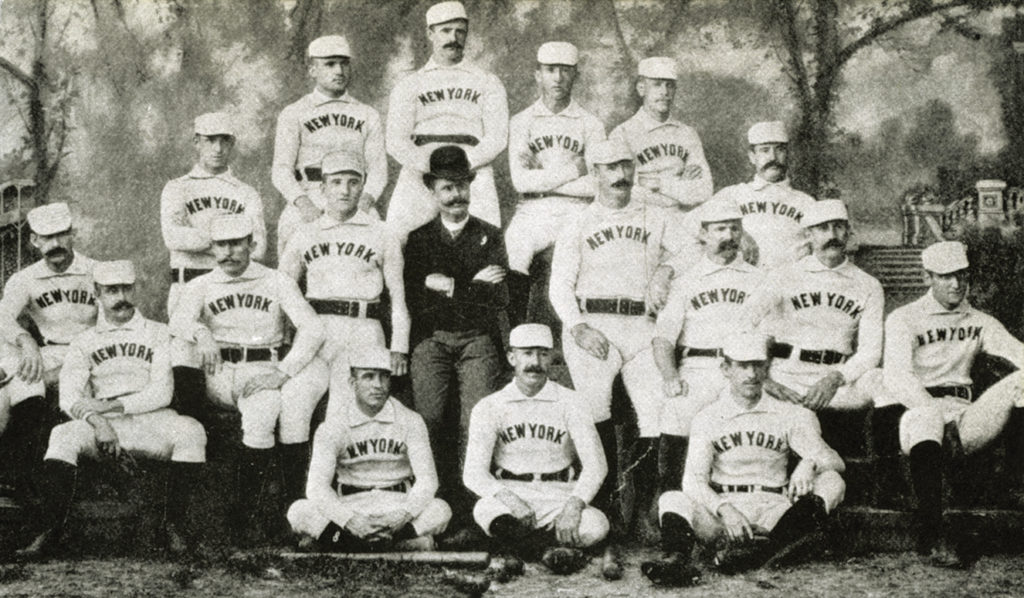NEW YORK - 1888.  The National League champion New York Giants pose for their team shot in 1888.  In the photo are Roger Connor, Monte Ward, Jim O'Rourke, Buck Ewing, Tim Keefe, and Mickey Welch.   (Photo by Mark Rucker/Transcendental Graphics/Getty Images)