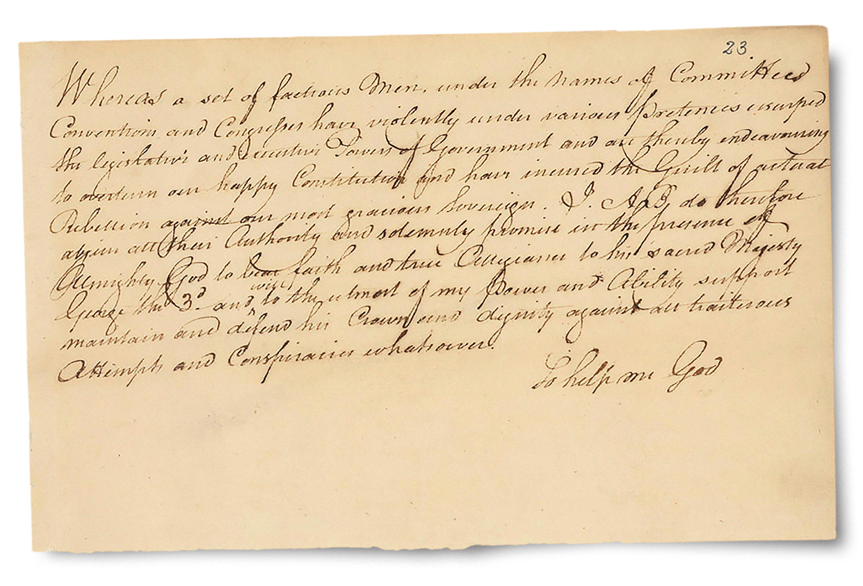 Signed public oath of allegiance to the monarchy.