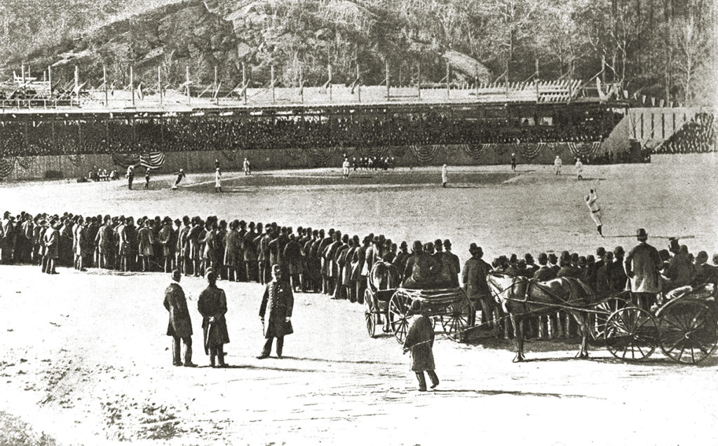 NEW YORK - 1890.  The Polo Grounds in New York City is surrounded by fans during a Players League game in 1890. 