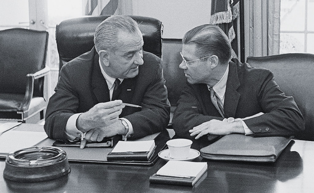 President Lyndon Johnson meeting at the White House with top foreign policy and defense advisers on the situation in South Vietnam. Shown from left are: President Johnson, Secretary of Defense Robert McNamara, and Maxwell D. Taylor, U.S. Ambassador to South Vietnam.
