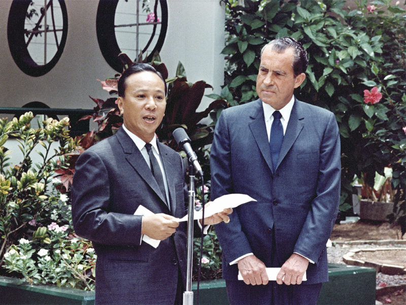 President Richard Nixon and South Vietnam's President Nguyen Van Thieu Making a Joint Statement at Midway Island 6 8 1969. (Photo by: HUM Images/Universal Images Group via Getty Images)