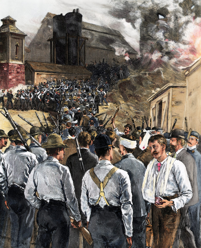 (Original Caption) Illustration from Harper's Weekly depicting the Homestead Strike of 1892. Shows Pinkertons, escorted by armed union men, leaving the barges after surrendering. Engraving by W.P. Synder after a photograph by Dabbs.