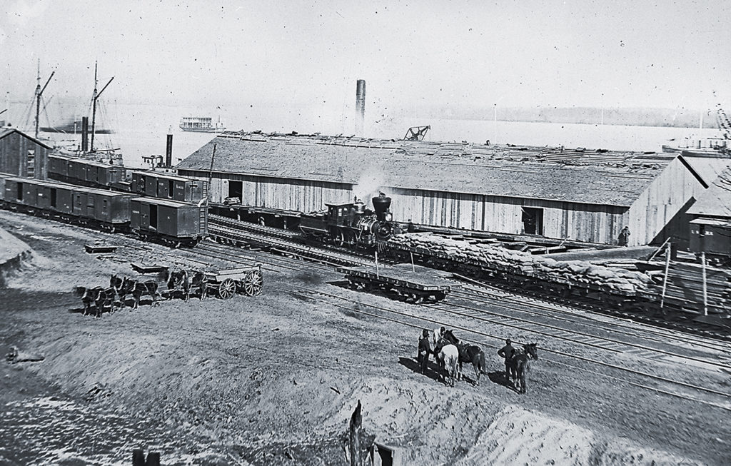 Trains, Locomotives, Warehouses bring supplies to the troops at the QM depot at City Point, Virginia. (Photo by Matthew Brady/Buyenlarge/Getty Images)