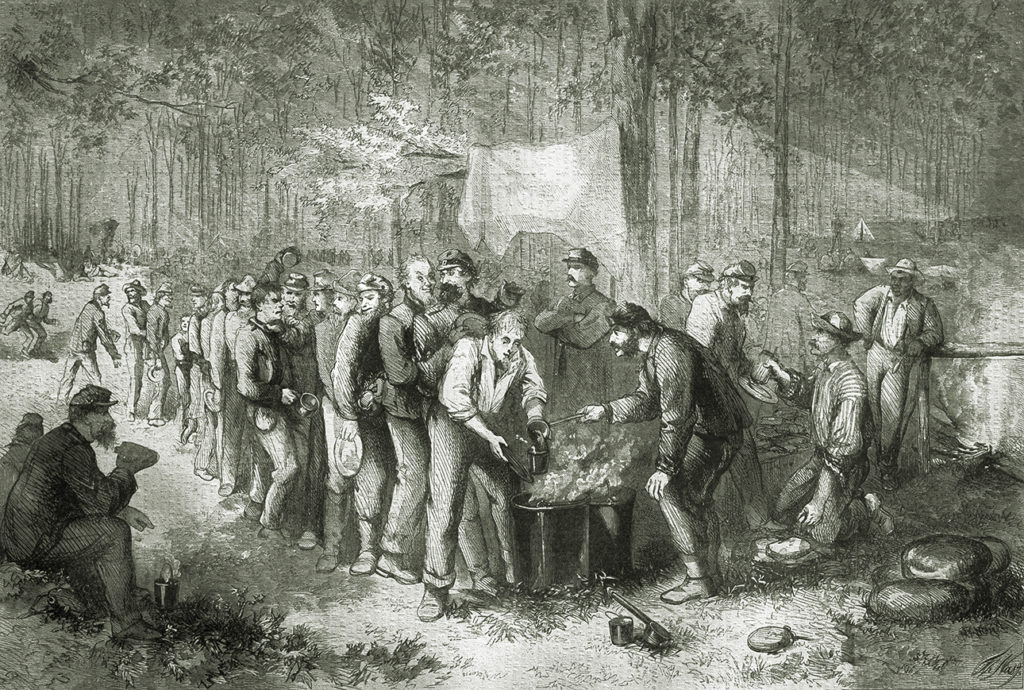 Distributing rations to North American military unit, United States of America, American Civil War, engraving, 19th century