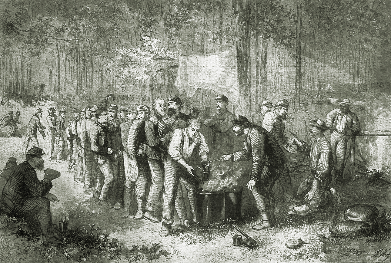 Distributing rations to North American military unit, United States of America, American Civil War, engraving, 19th century; (add.info.: Distributing rations to a North American military unit, United States of America, American Civil War, engraving, 19th century. La distribuzione del rancio a un reparto di soldati nordisti, Stati Uniti d\'America, Guerra di secessione americana, incisione, XIX secolo.); © NPL - DeA Picture Library. Please note: This photograph requires additional permission prior to use. If you wish to reproduce this image, please contact Bridgeman Images and we will manage the permission request on your behalf.