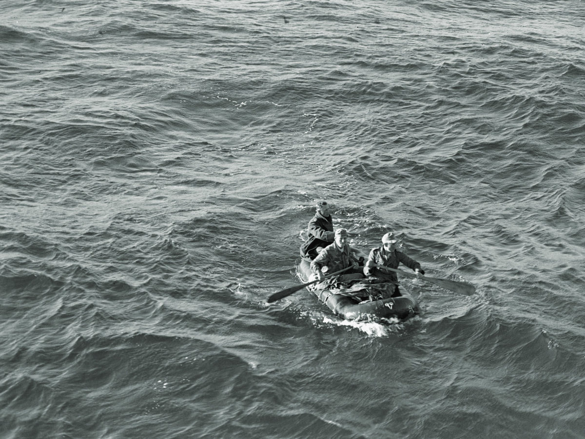 Luftwaffe unit paddling a raft in the Mediterranean