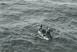 Luftwaffe unit paddling a raft in the Mediterranean
