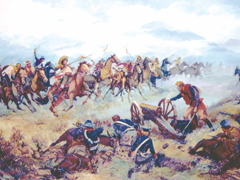 Lance-bearing Californios charge in Charles Waterhouse’s fanciful oil The Battle of San Pasqual, which does accurately depict how ragged American lines had become late in the battle.
