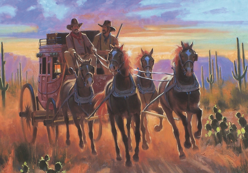 An Arizona Territory stagecoach is Crossing Caliche Flats, in this oil painting by Tom Haas.