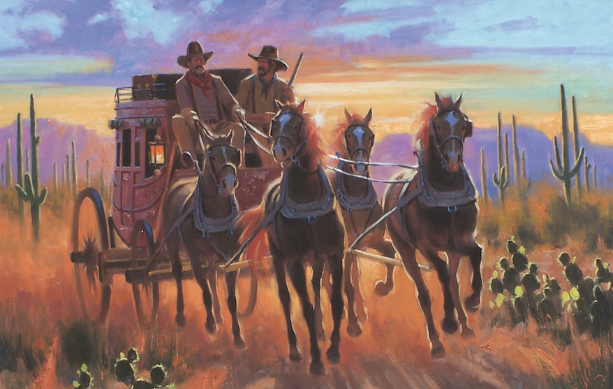 An Arizona Territory stagecoach is Crossing Caliche Flats, in this oil painting by Tom Haas.
