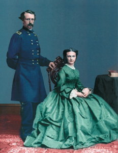 A colorized portrait of George and Libbie Custer.