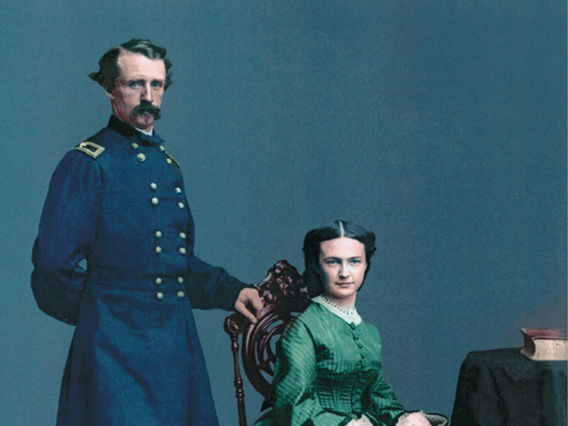 A colorized portrait of George and Libbie Custer.