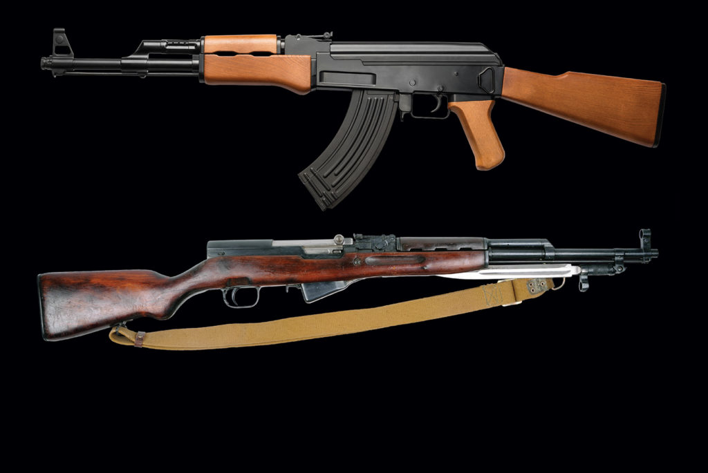 TOP: Inspired by the German Sturmgewehr 44 of World War II but redesigned and simplified in 1947 by Mikhail Kalashnikov, the AK-47 assault rifle was easy to maintain and operate under extreme conditions. A staple of the North Vietnamese Army, it was also the weapon of choice for some U.S. special operations teams. ABOVE: Soviet designer Semyon Simonov’s SKS carbine was outclassed by the AK-47 but made a reliable supplement in NVA units.