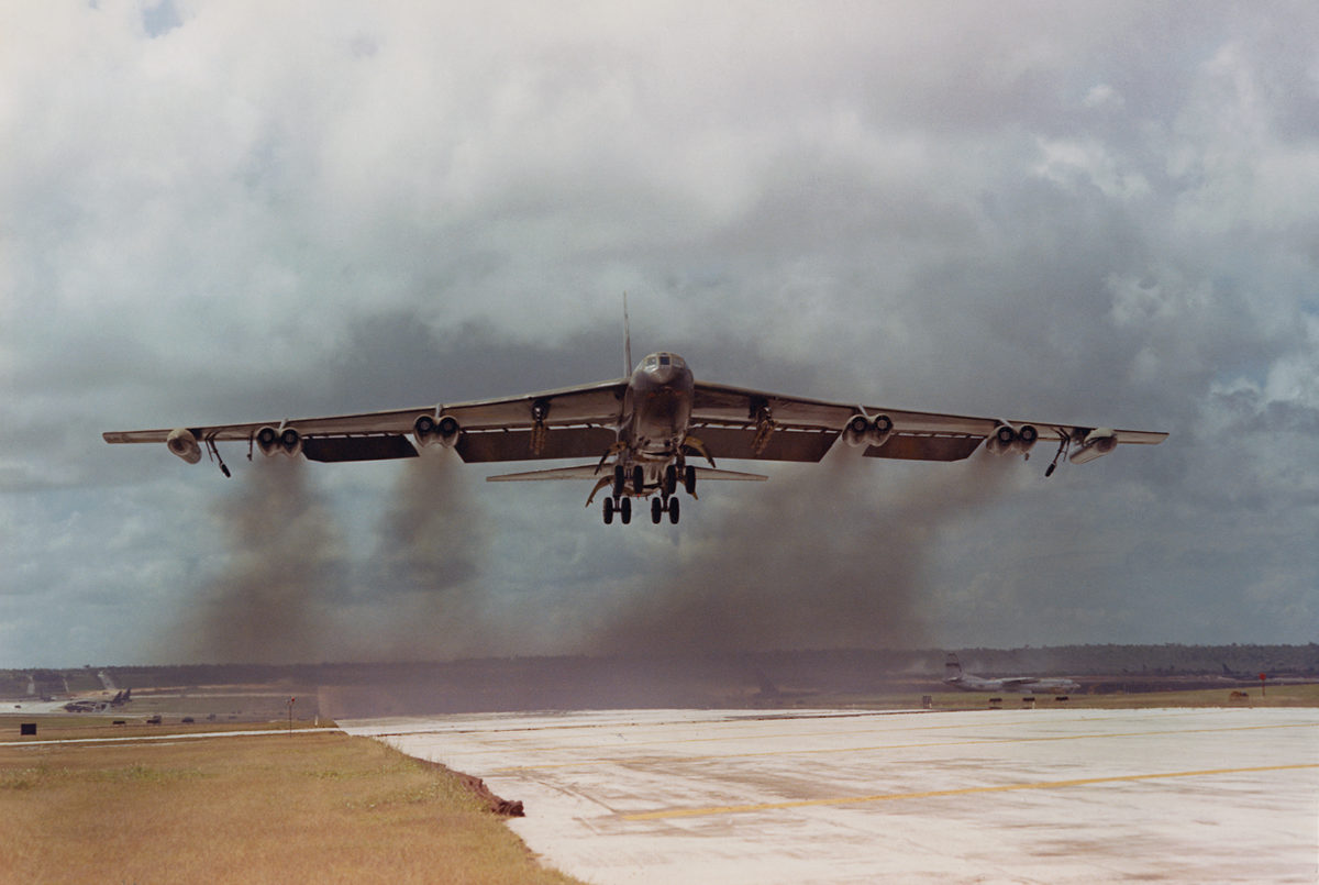 A B-52D Stratofortress leaves Andersen Air Force Base on Guam for a bombing run over North Vietnam. B-52s delivered 75 percent of the bomb tonnage during Operation Linebacker II, launched on Dec. 18, 1972, to pressure Hanoi into signing a peace agreement.