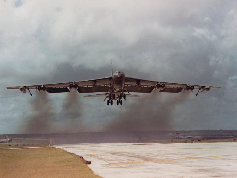 A B-52D Stratofortress leaves Andersen Air Force Base on Guam for a bombing run over North Vietnam. B-52s delivered 75 percent of the bomb tonnage during Operation Linebacker II, launched on Dec. 18, 1972, to pressure Hanoi into signing a peace agreement.