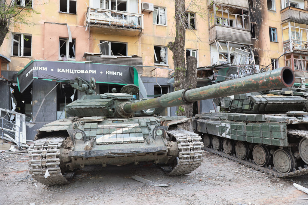 Disabled Russian tanks displayed in Mariupol