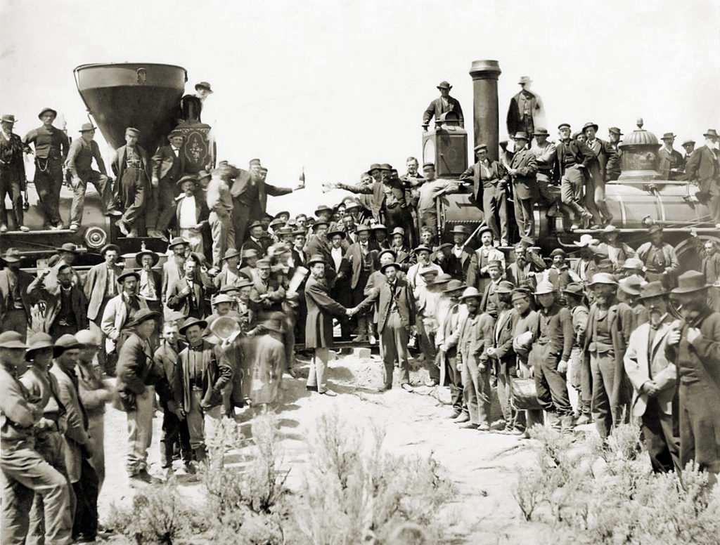 Transcontinental Railroad’s completion at Promontory Point, Utah