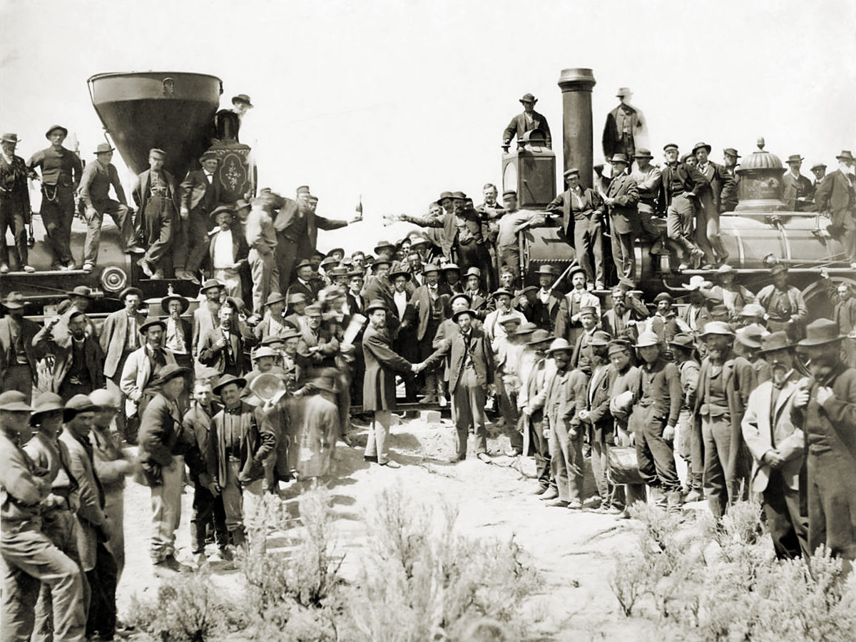 Transcontinental Railroad’s completion at Promontory Point, Utah