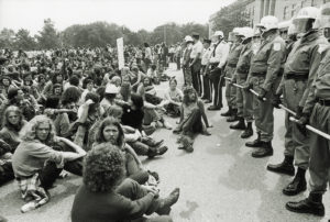 A narrow gap between the protestors and the riot police during a demonstration against the Vietnam War in Washington DC, 21st May 1972. 173 demonstrators were later arrested during a violent confrontation with the police. (Photo by Archive Photos/Getty Images)