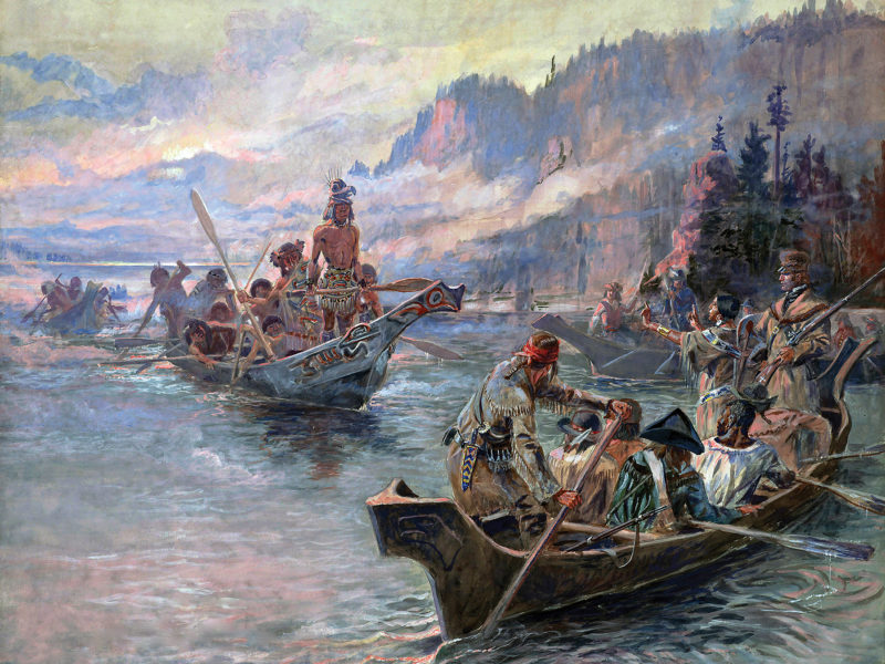 Lewis and Clark Expedition titled Lewis and Clark on the Lower Columbia by Charles Marion Russell depicting Sacagawea with arms outstretched