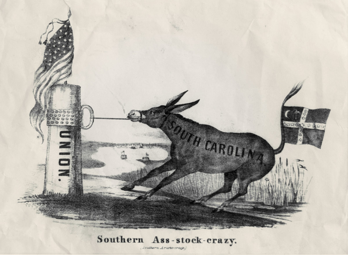 Political cartoon showing South Carolina as a donkey