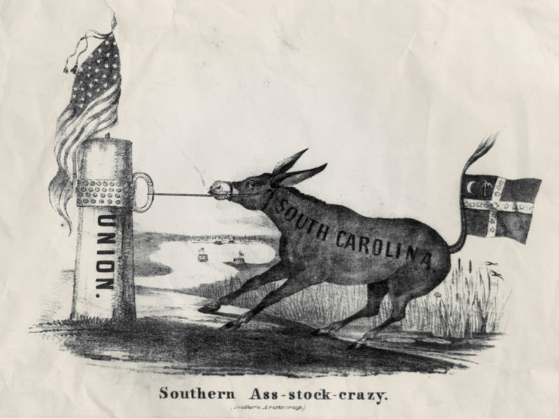 Political cartoon showing South Carolina as a donkey