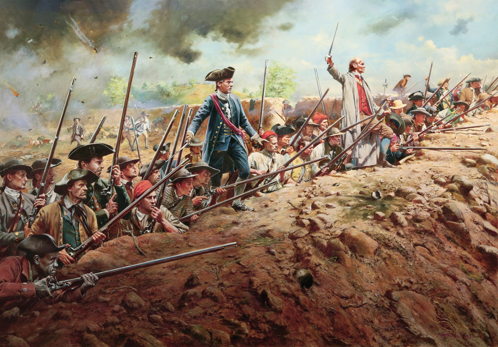 Painting of the Battle of Bunker Hill, June 17, 1775. The Patriot militia await the oncoming British troops in their hastily thrown up redoubt overlooking Boston Harbor.