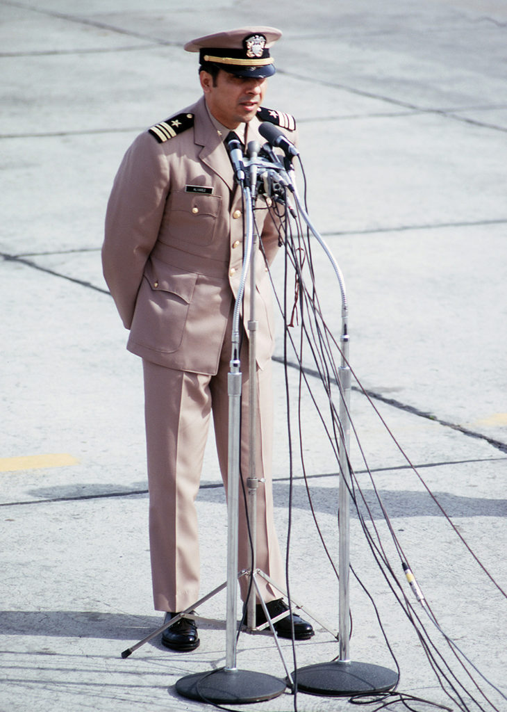 Photo of Everett Alvarez Jr., captured in 1964 and imprisoned for 3,113 days, addresses the crowd greeting him and other POWs at Travis Air Force Base after being released.