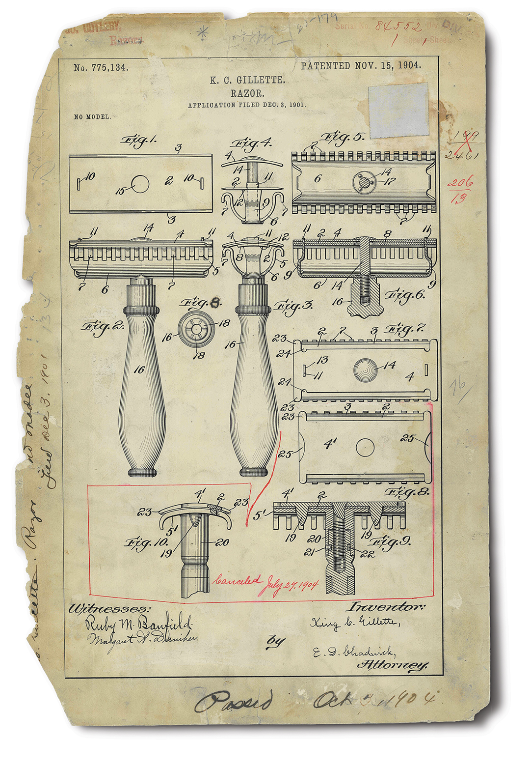 Photo of a patent drawing for a Gillette razor.