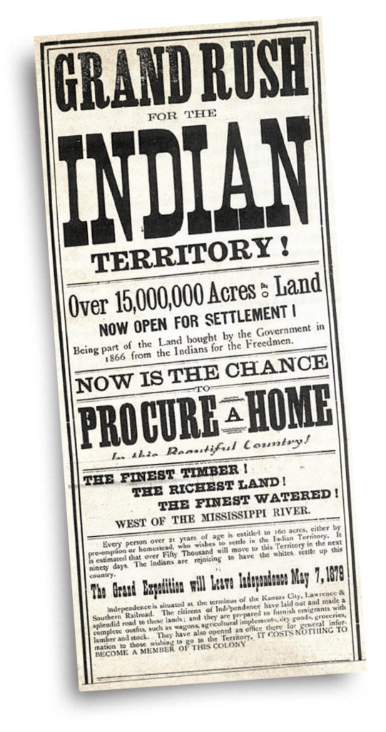 Photo of a newspaper ad about the Grand Rush for the Indian Territory, 1879.