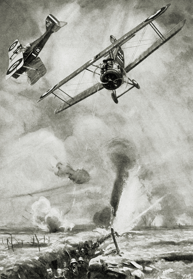 Illustration of Trench Strafing, First World War, (c1920). 'British low-flying scouts co-operating in an infantry attack on the Western Front'. Biplanes shooting at Germans in the trenches.