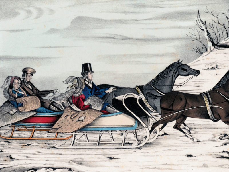 Horse-drawn sleighs race in snow