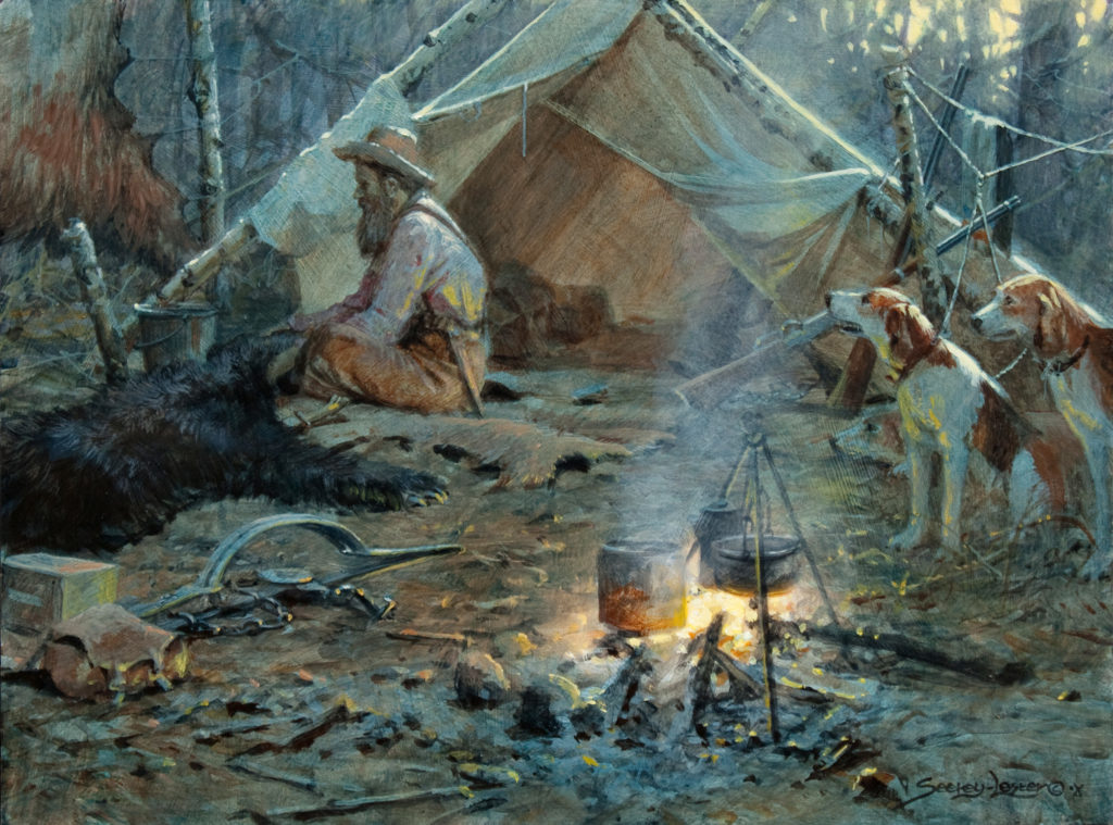 Painting of Ben Lilly at campsite