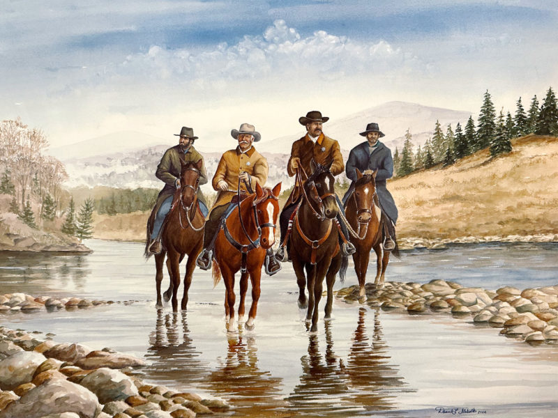 Painting of authorities on horseback transporting two suspects
