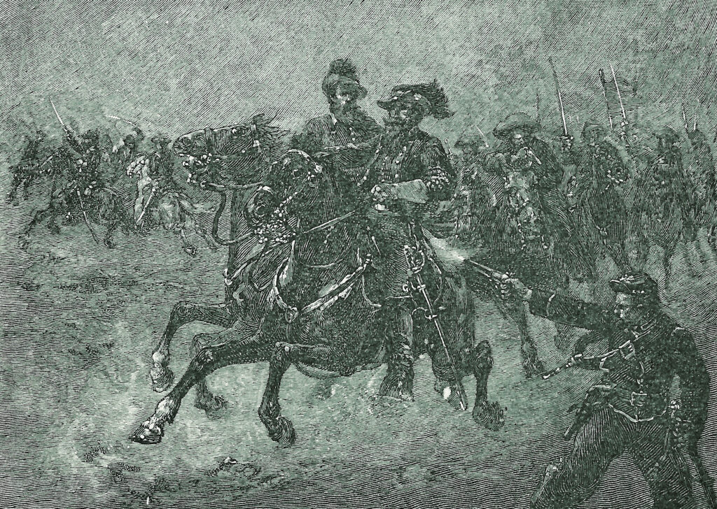 J.E.B. Stuart being shot on horseback
