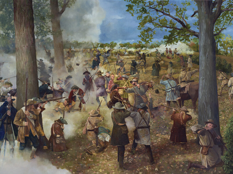 An illustration depicting the Battle of Kings Mountain late in the afternoon of October 7, 1780 from the perspective of the Loyalist camp of Maj. Patrick Ferguson atop Kings Mountain. Scene depicts the moment when organized military resistance to the surrounding attacking Patriots, led by Col. William Campbell, collapses and leads to widespread chaos and panic of Fergusonís men as hundreds of Tories try to surrender to the Patriots who are advancing on all sides of the camp and filled with revenge are altogether too fired up to halt the slaughter. 2003 oil painting by artist Archil Pichkhadze originally commissioned by the National Park Service/Harpers Ferry Center for wayside exhibits at Kings Mountain National Military Park. artist Archil Pichkhadze