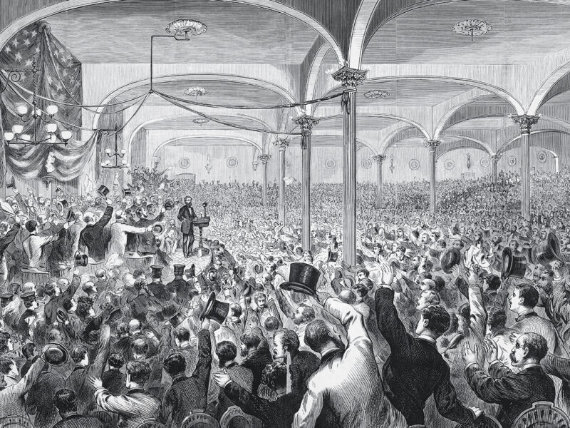 Drawing of a enthusiastic audience roaring its approval of a speech by Carl Schurz in New York City’s Cooper Union.