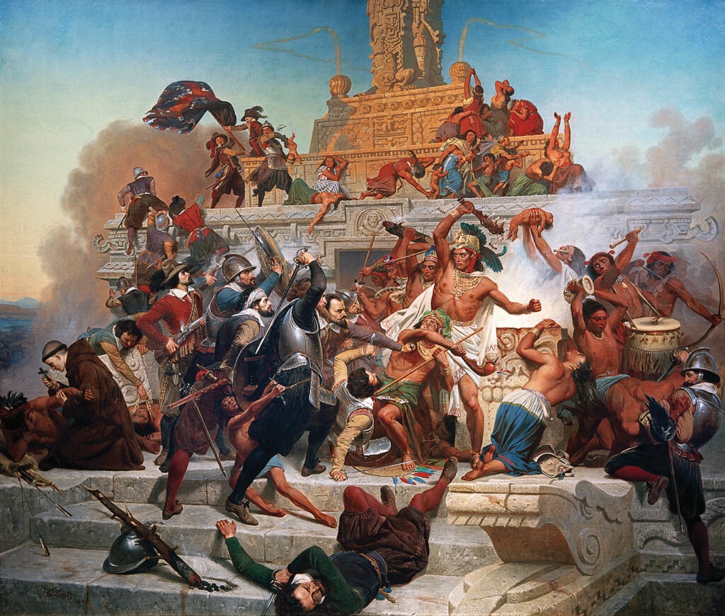 Painting of Hernando Cortez, Spanish conqueror of Mexico, 1485–1547. “The conquest of the Teocalli temple by Cortés and his troops” (aztec temple in Tenochtitlan, 1520).