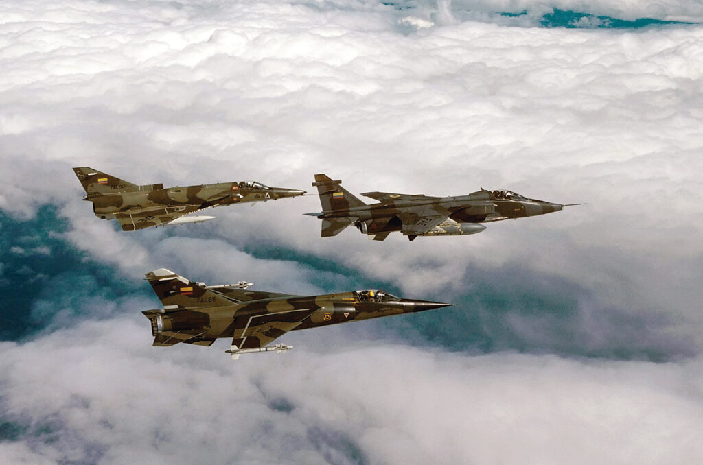 Photo of Ecuadorian air assets included the Kfir C.2 (at far left, top) and Mirage F1 (at left), here following a SEPECAT Jaguar.