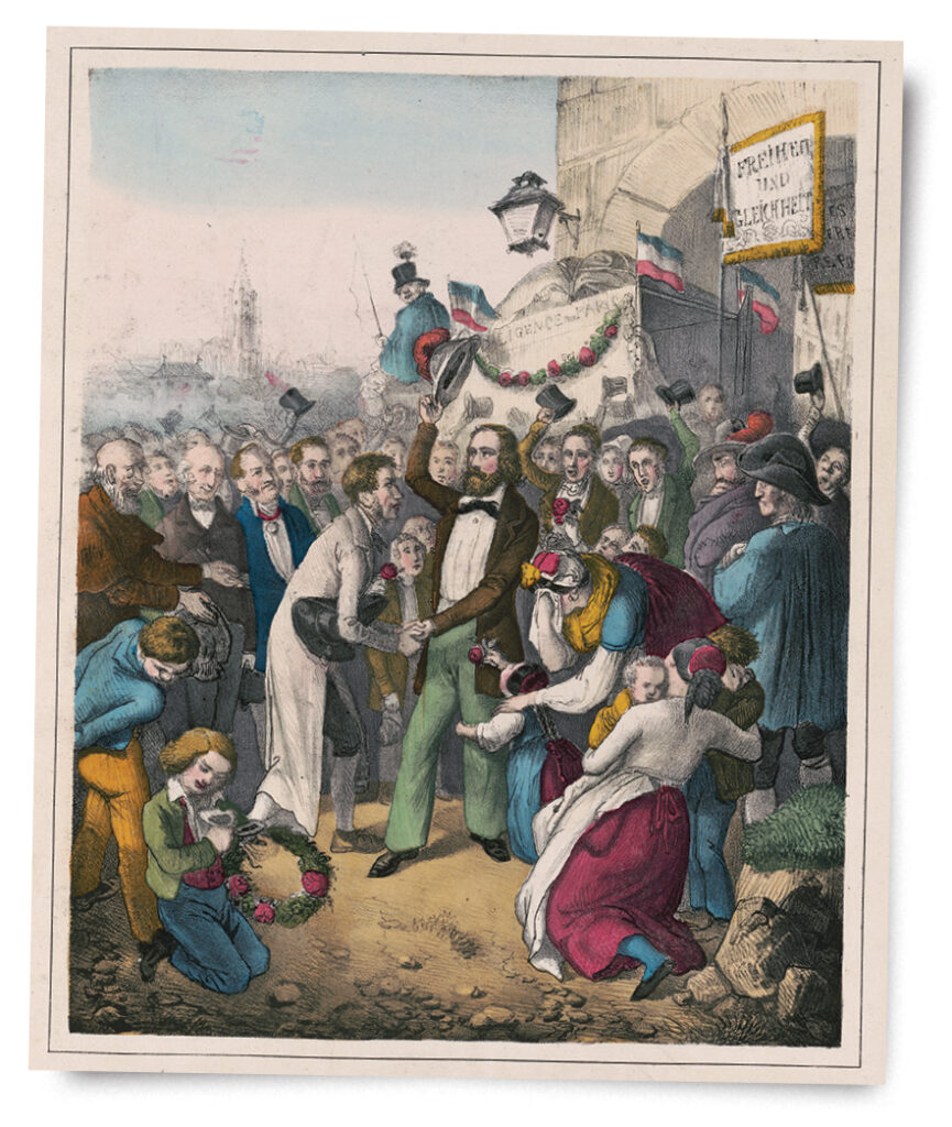 Engraving showing Friedrich Hecker rallying a crowd in the German state of Baden.