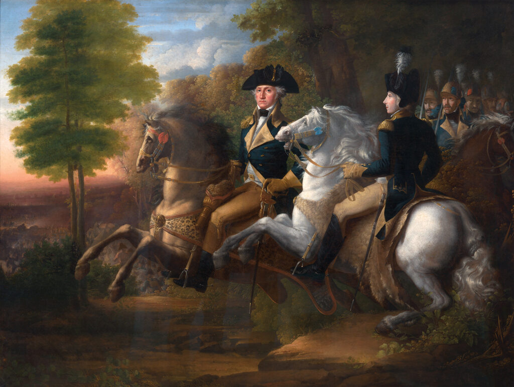 Painting of General George Washington at the battle of Brandywine.