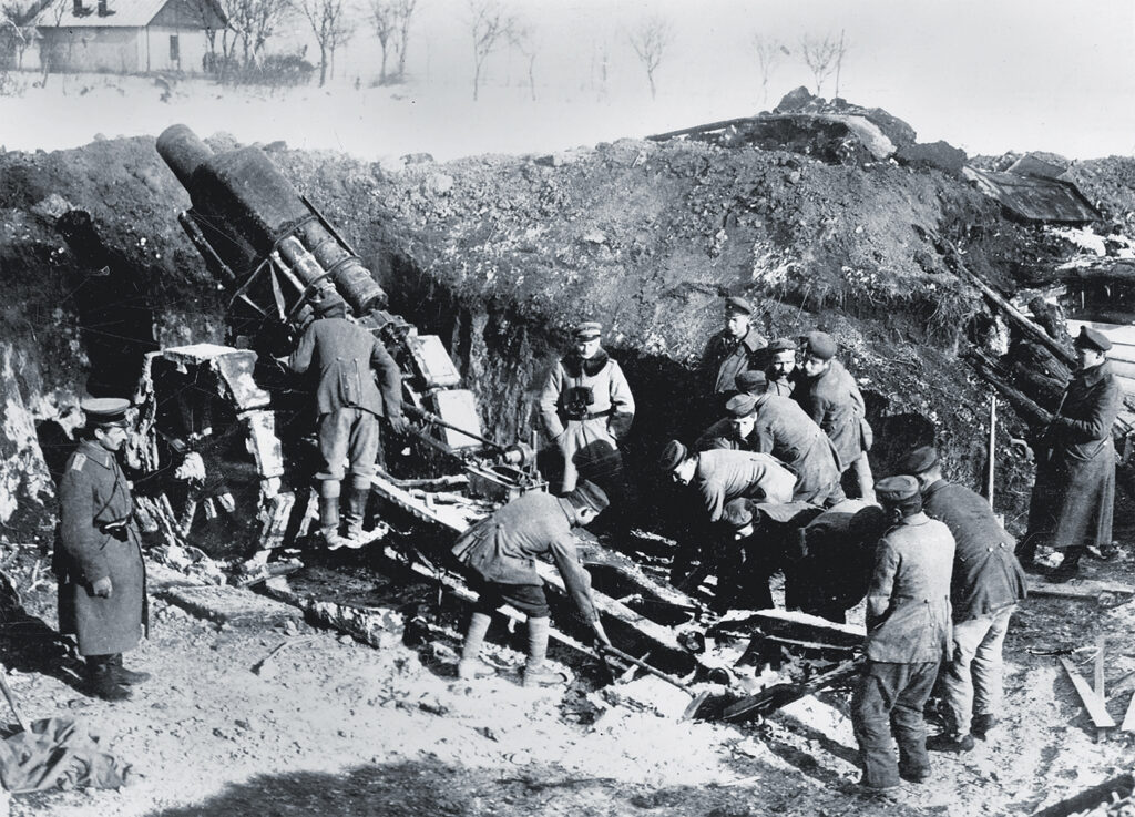 Photo of the Rumanian front: Advance on the Sereth. German 21cm Howitzer gun in action, January 1917.